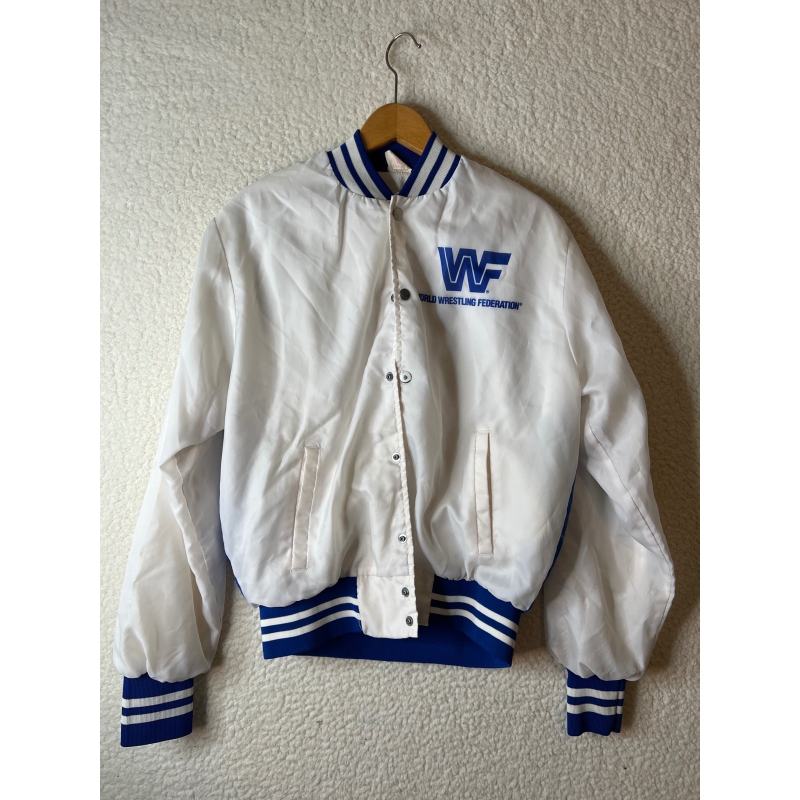 Vintage Wwf Ultimate Warrior Satin Bomber Jacket White Blue Mens Medium Usa Made